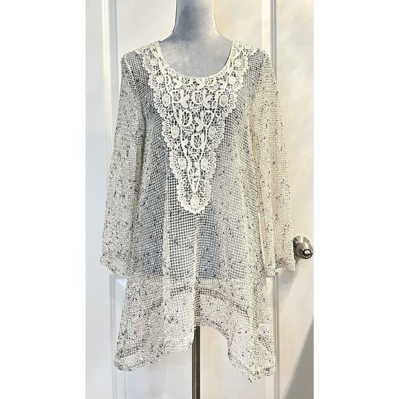 KRAZY KAT Open Knit Tunic Top Embroidered Asymmetrical Hem Boho Beachy Cover Up - Picture 1 of 8